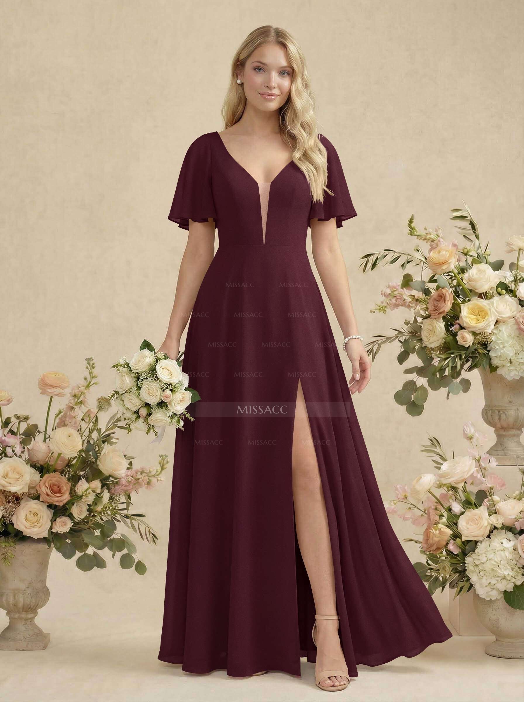 Short Sleeves V-Neck Bridesmaid Dress With Chiffon