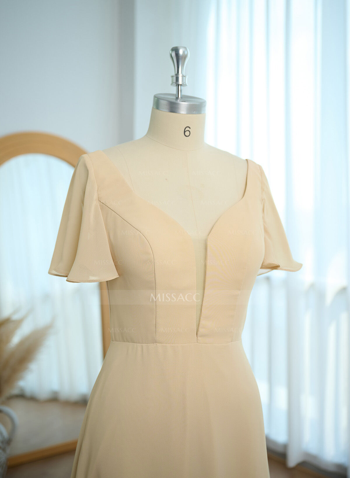 Short Sleeves V-Neck Bridesmaid Dress With Chiffon