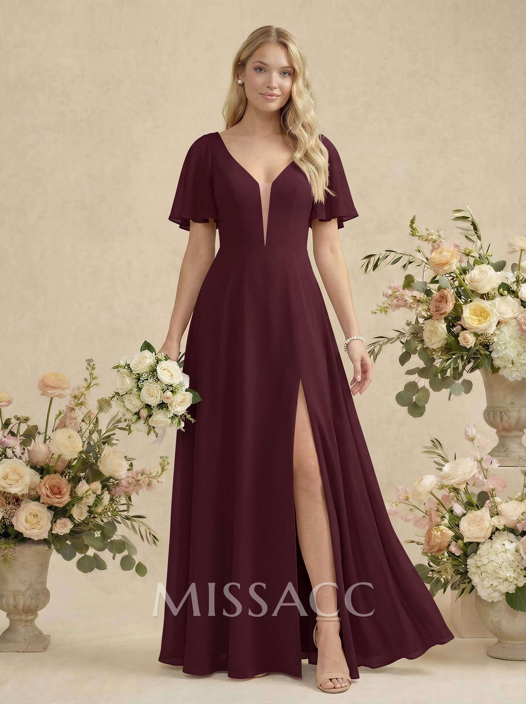 Short Sleeves V-Neck Bridesmaid Dress With Chiffon Short Sleeves V-Neck Bridesmaid Dress With Chiffon