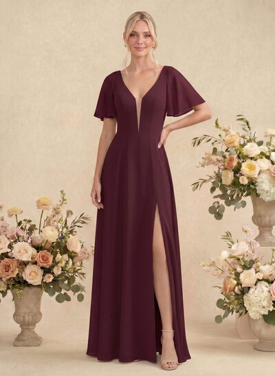 Short Sleeves V-Neck Bridesmaid Dress With Chiffon