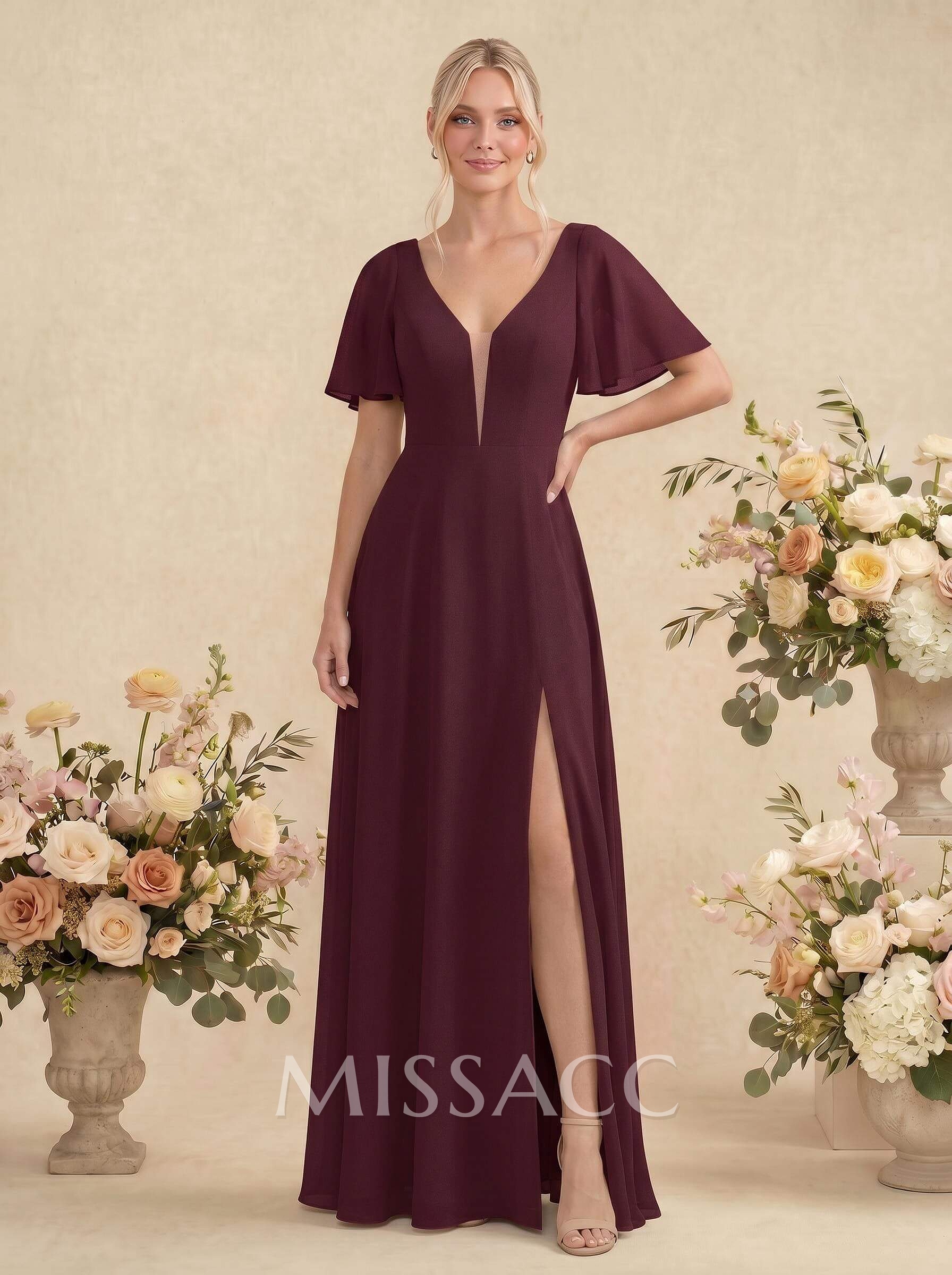 Short Sleeves V-Neck Bridesmaid Dress With Chiffon