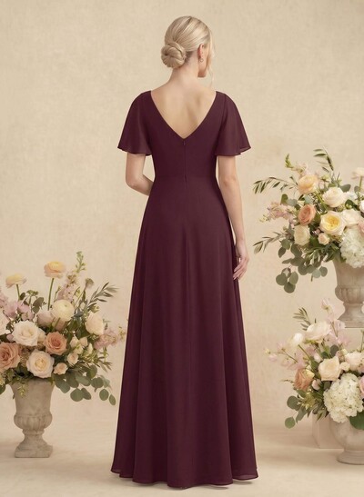 Short Sleeves V-Neck Bridesmaid Dress With Chiffon
