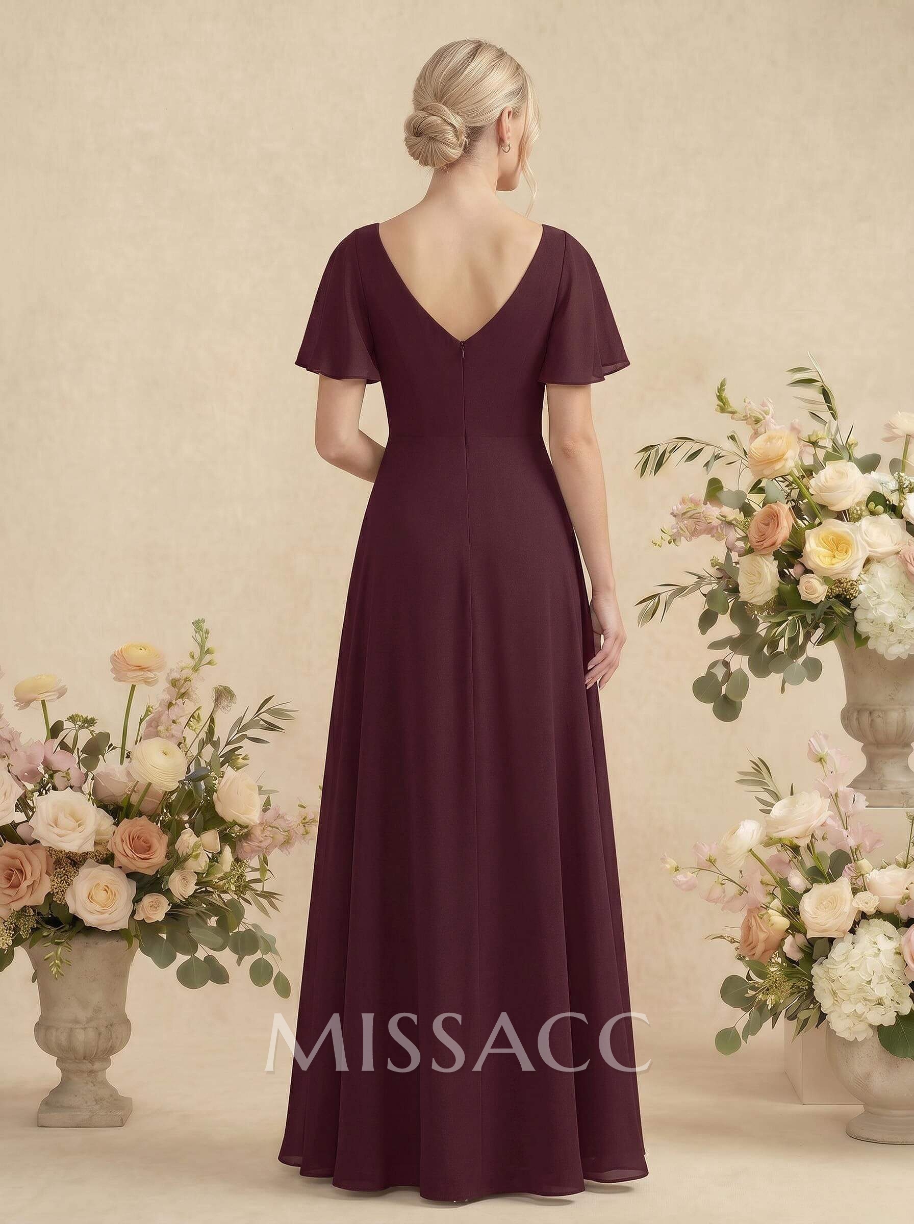 Short Sleeves V-Neck Bridesmaid Dress With Chiffon