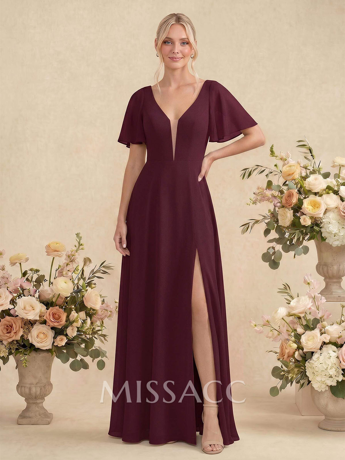 Short Sleeves V-Neck Bridesmaid Dress With Chiffon Short Sleeves V-Neck Bridesmaid Dress With Chiffon