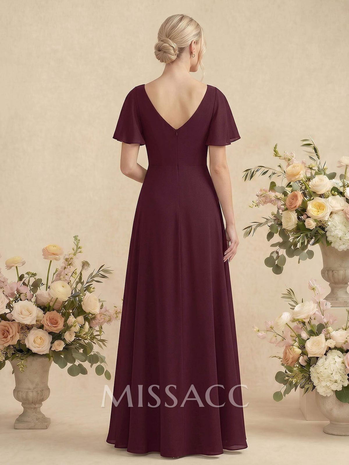 Short Sleeves V-Neck Bridesmaid Dress With Chiffon Short Sleeves V-Neck Bridesmaid Dress With Chiffon