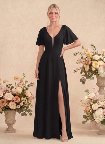 Short Sleeves V-Neck Bridesmaid Dress With Chiffon