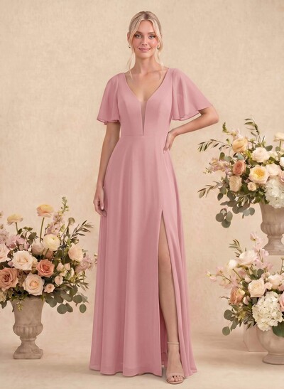 Short Sleeves V-Neck Bridesmaid Dress With Chiffon