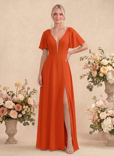 Short Sleeves V-Neck Bridesmaid Dress With Chiffon
