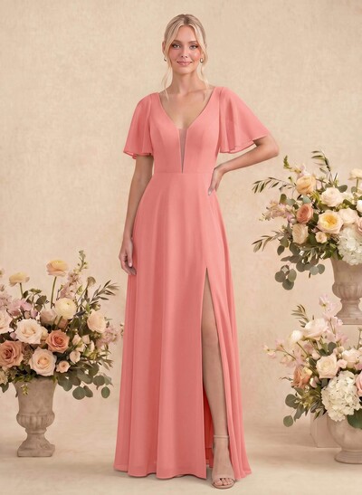 Short Sleeves V-Neck Bridesmaid Dress With Chiffon