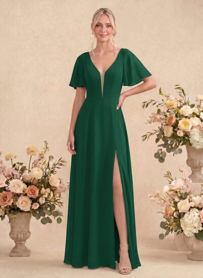 Short Sleeves V-Neck Bridesmaid Dress With Chiffon