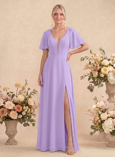 Short Sleeves V-Neck Bridesmaid Dress With Chiffon