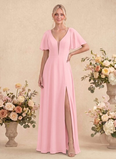 Short Sleeves V-Neck Bridesmaid Dress With Chiffon
