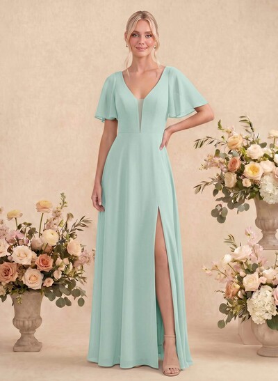 Short Sleeves V-Neck Bridesmaid Dress With Chiffon
