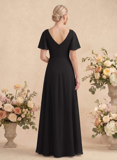 Short Sleeves V-Neck Bridesmaid Dress With Chiffon