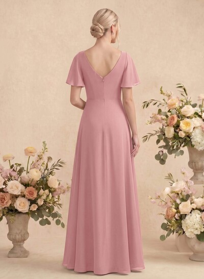 Short Sleeves V-Neck Bridesmaid Dress With Chiffon