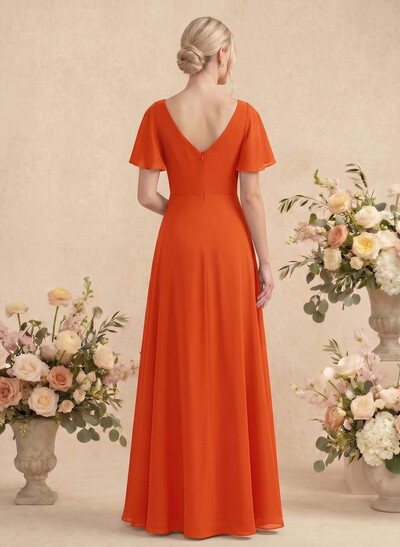 Short Sleeves V-Neck Bridesmaid Dress With Chiffon