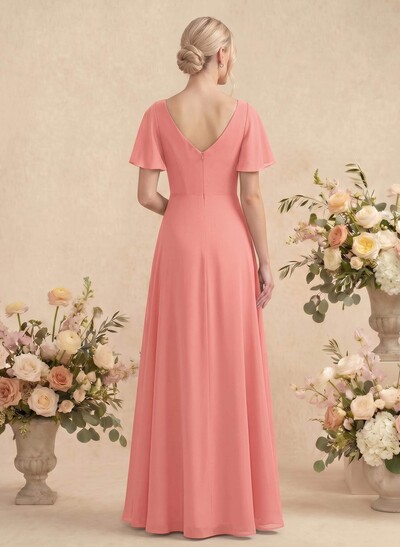Short Sleeves V-Neck Bridesmaid Dress With Chiffon