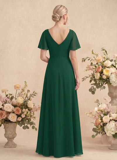 Short Sleeves V-Neck Bridesmaid Dress With Chiffon