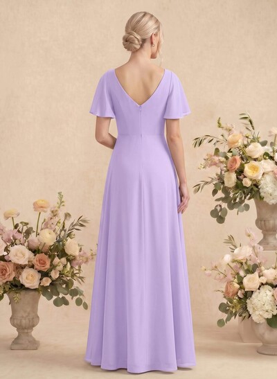 Short Sleeves V-Neck Bridesmaid Dress With Chiffon