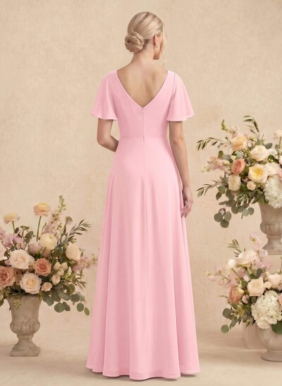 Short Sleeves V-Neck Bridesmaid Dress With Chiffon