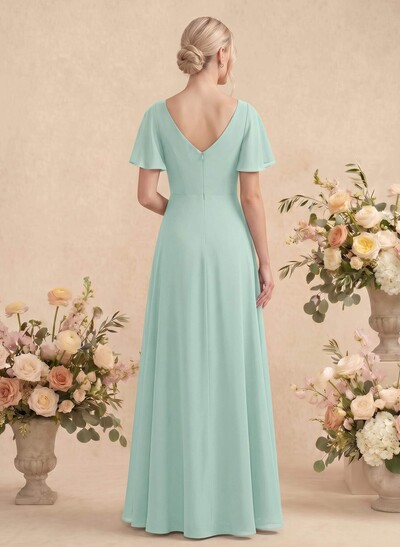 Short Sleeves V-Neck Bridesmaid Dress With Chiffon