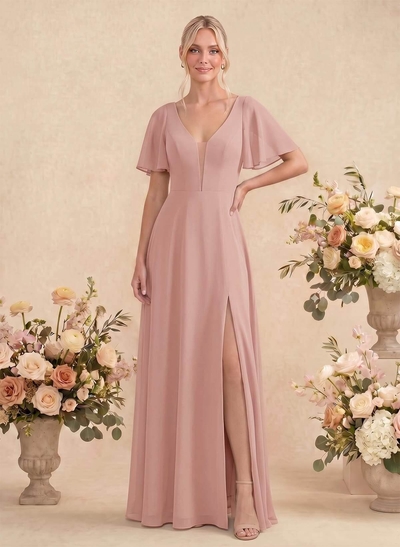 Short Sleeves V-Neck Bridesmaid Dress With Chiffon