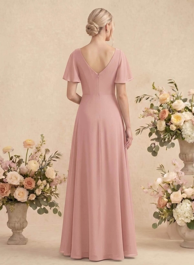 Short Sleeves V-Neck Bridesmaid Dress With Chiffon
