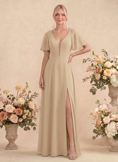 Short Sleeves V-Neck Bridesmaid Dress With Chiffon