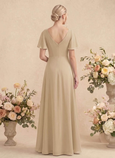 Short Sleeves V-Neck Bridesmaid Dress With Chiffon