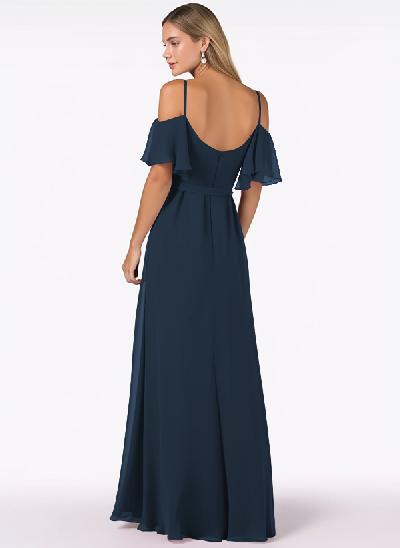 A-Line Off-The-Shoulder Short Sleeves Chiffon Bridesmaid Dresses With Split Front