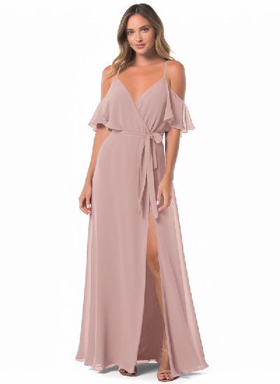 A-Line Off-The-Shoulder Short Sleeves Chiffon Bridesmaid Dresses With Split Front