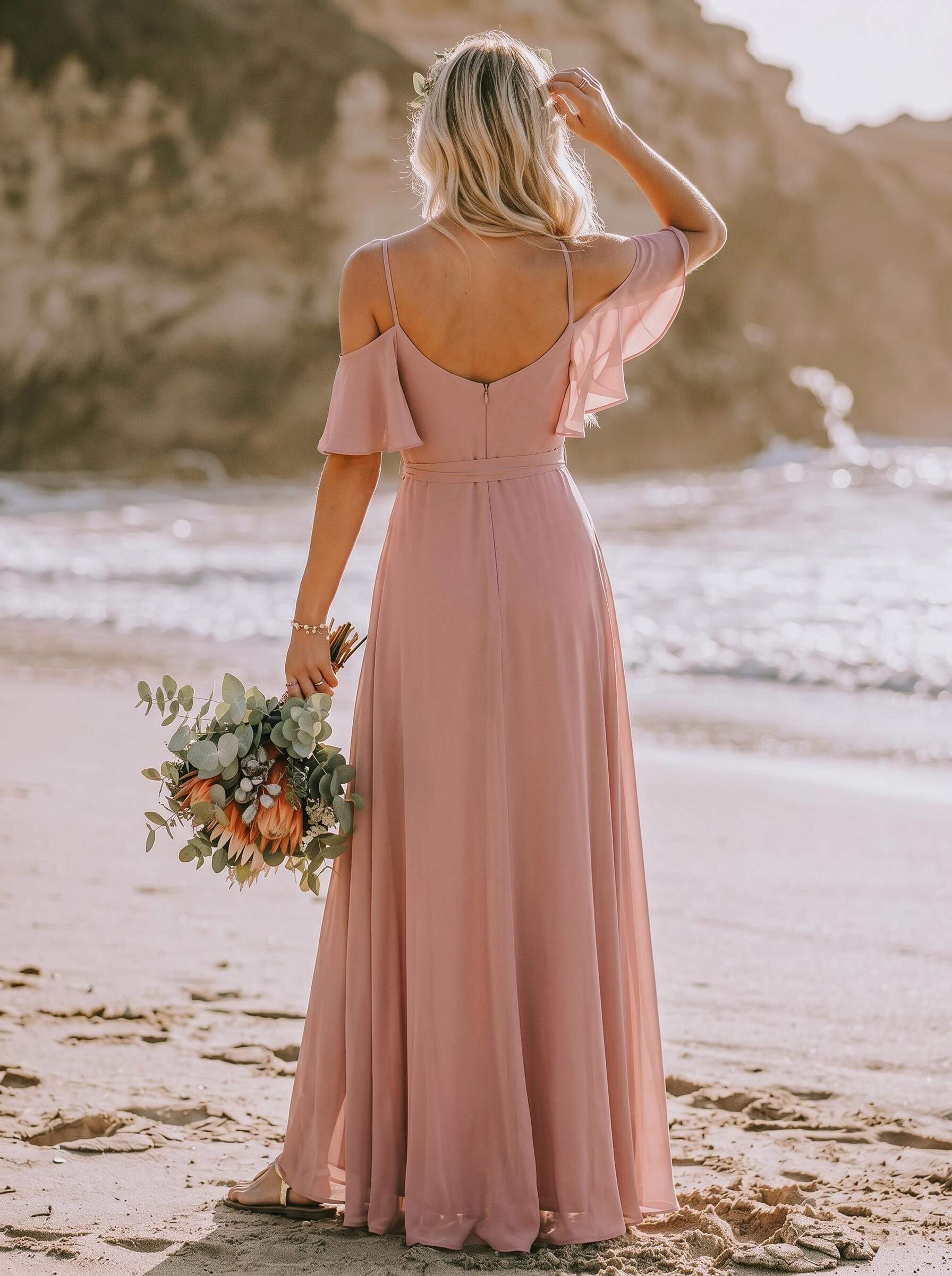 A-Line Off-The-Shoulder Short Sleeves Chiffon Bridesmaid Dresses With Split Front A-Line Off-The-Shoulder Short Sleeves Chiffon Bridesmaid Dresses With Split Front