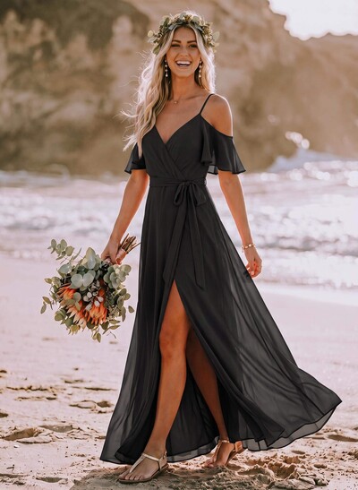 A-Line Off-The-Shoulder Short Sleeves Chiffon Bridesmaid Dresses With Split Front