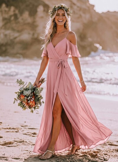 A-Line Off-The-Shoulder Short Sleeve Chiffon Bridesmaid Dresses With Front Split