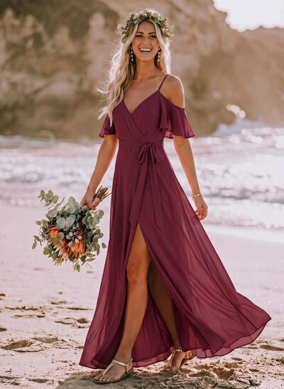 A-Line Off-The-Shoulder Short Sleeves Chiffon Bridesmaid Dresses With Split Front