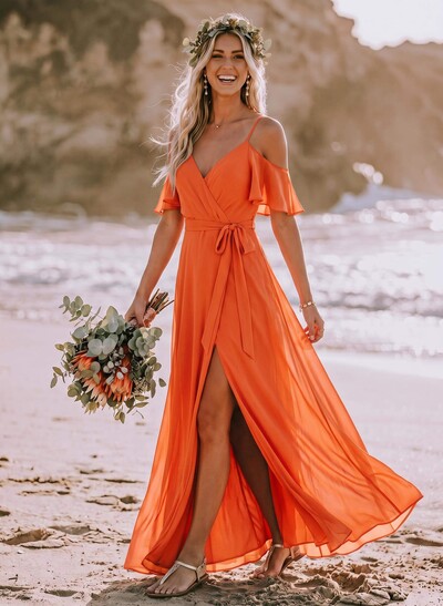 A-Line Off-The-Shoulder Short Sleeves Chiffon Bridesmaid Dresses With Split Front