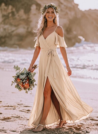A-Line Off-The-Shoulder Short Sleeve Chiffon Bridesmaid Dresses With Front Slit