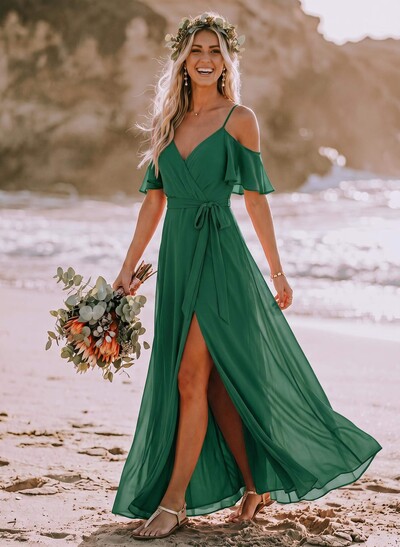 A-Line Off-The-Shoulder Short Sleeves Chiffon Bridesmaid Dresses With Split Front