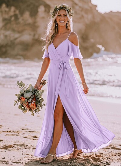 A-Line Off-The-Shoulder Short Sleeves Chiffon Bridesmaid Dresses With Split Front