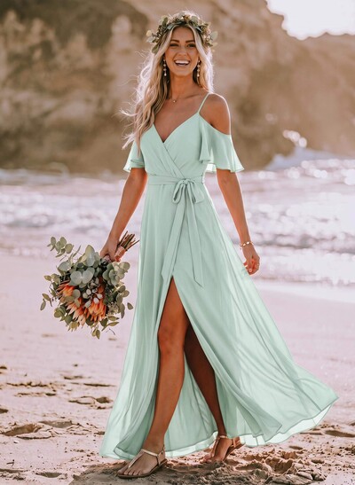 A-Line Off-The-Shoulder Short Sleeves Chiffon Bridesmaid Dresses With Split Front