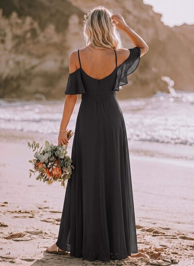 A-Line Off-The-Shoulder Short Sleeves Chiffon Bridesmaid Dresses With Split Front