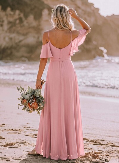 A-Line Off-The-Shoulder Short Sleeve Chiffon Bridesmaid Dresses With Front Split