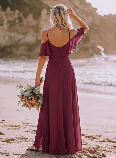 A-Line Off-The-Shoulder Short Sleeves Chiffon Bridesmaid Dresses With Split Front