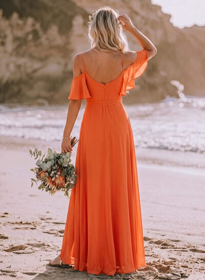 A-Line Off-The-Shoulder Short Sleeves Chiffon Bridesmaid Dresses With Split Front