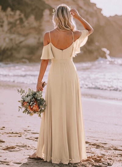 A-Line Off-The-Shoulder Short Sleeve Chiffon Bridesmaid Dresses With Front Slit