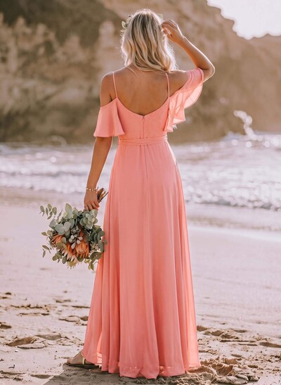 A-Line Off-The-Shoulder Short Sleeves Chiffon Bridesmaid Dresses With Split Front