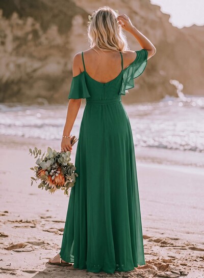 A-Line Off-The-Shoulder Short Sleeves Chiffon Bridesmaid Dresses With Split Front