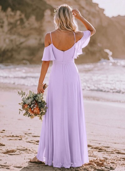 A-Line Off-The-Shoulder Short Sleeves Chiffon Bridesmaid Dresses With Split Front