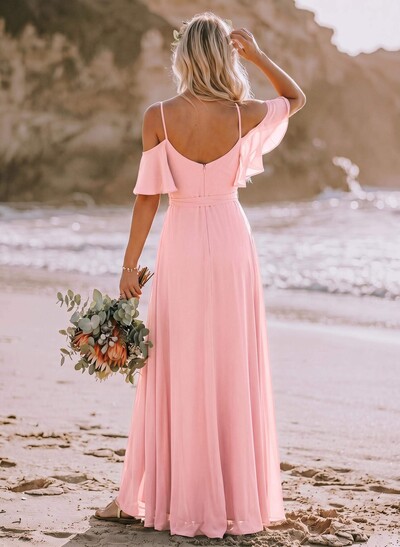 A-Line Off-The-Shoulder Short Sleeves Chiffon Bridesmaid Dresses With Split Front