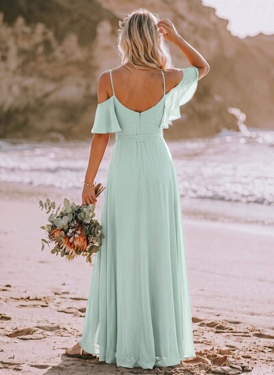 A-Line Off-The-Shoulder Short Sleeves Chiffon Bridesmaid Dresses With Split Front